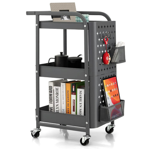 GiantexUK 3-Tier Storage Cart on Wheels, Metal Serving Trolley (Grey)