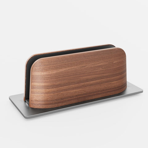 QinCoon Vertical Laptop Stand for Desk, Black Walnut Wood and Aluminium Laptop Holder for All MacBook, Surface, Samsung, HP, Dell, ‌Chromebook