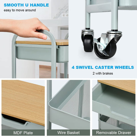 Shrivee 3-Tier Kitchen Trolley with Table and Drawer, All-Purpose Metal Shelf for Office, Salon, Cosmetics, Serving Cart for Kitchen, Bathroom