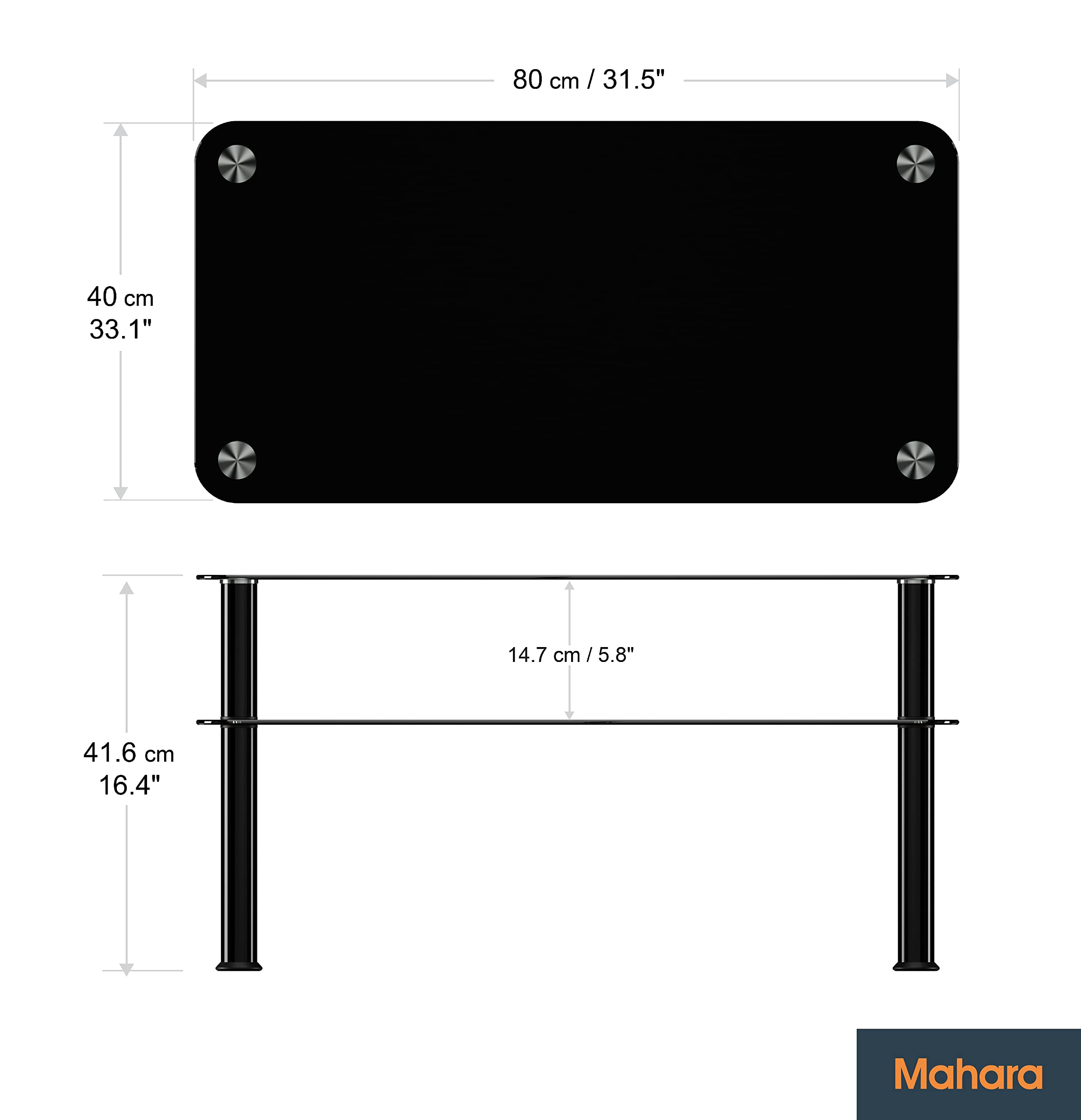 mahara Black Glass Coffee Table - Slimline side table with shelf and black aluminium legs - Small table W80cm x D40cm x H41.5cm