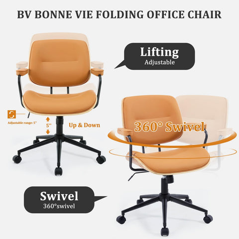 BERYTH Office Computer Desk Chair Mid Century Modern Office Chair Swivel Rolling Task Chair with Armrests and Walnut Back, Adjustable