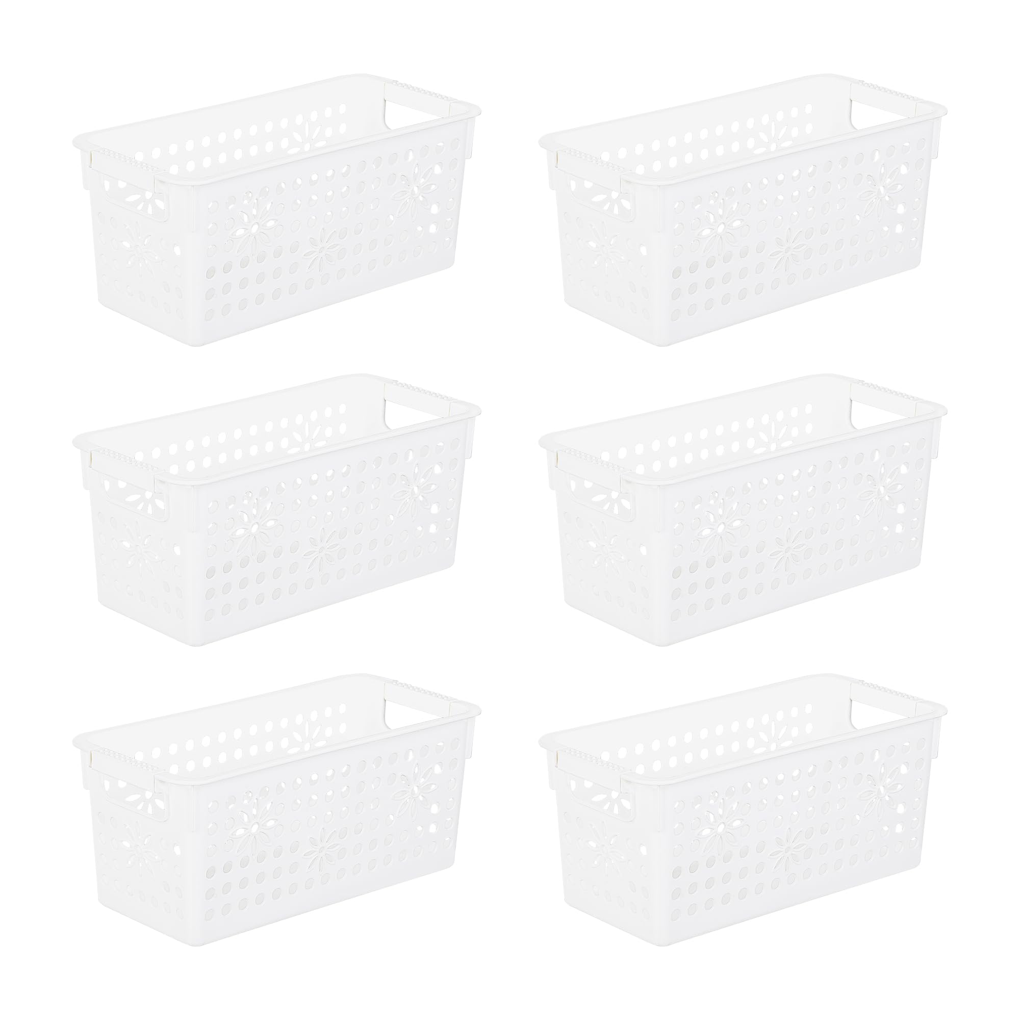 Cetomo Plastic Storage Box, Storage Baskets with Handle, Shelf Basket Organizer with Hole, Open Top Storage Bin for Home Kitchen Office, White