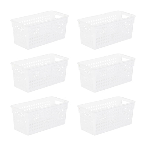 Cetomo Plastic Storage Box, Storage Baskets with Handle, Shelf Basket Organizer with Hole, Open Top Storage Bin for Home Kitchen Office, White