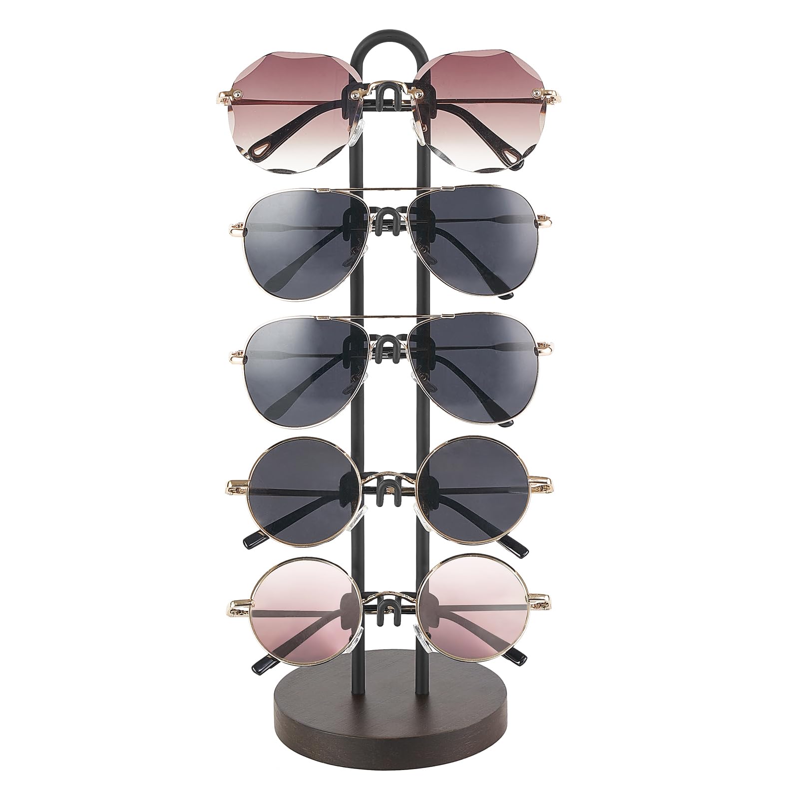 Mkono Sunglasses Organizer Glasses Holder Stand Sunglass Storage Eyeglasses Rack Metal Frame with Wood Base for 5 Pairs of Eyewear Display for Table