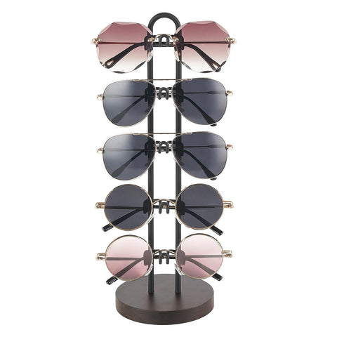 Mkono Sunglasses Organizer Glasses Holder Stand Sunglass Storage Eyeglasses Rack Metal Frame with Wood Base for 5 Pairs of Eyewear Display for Table