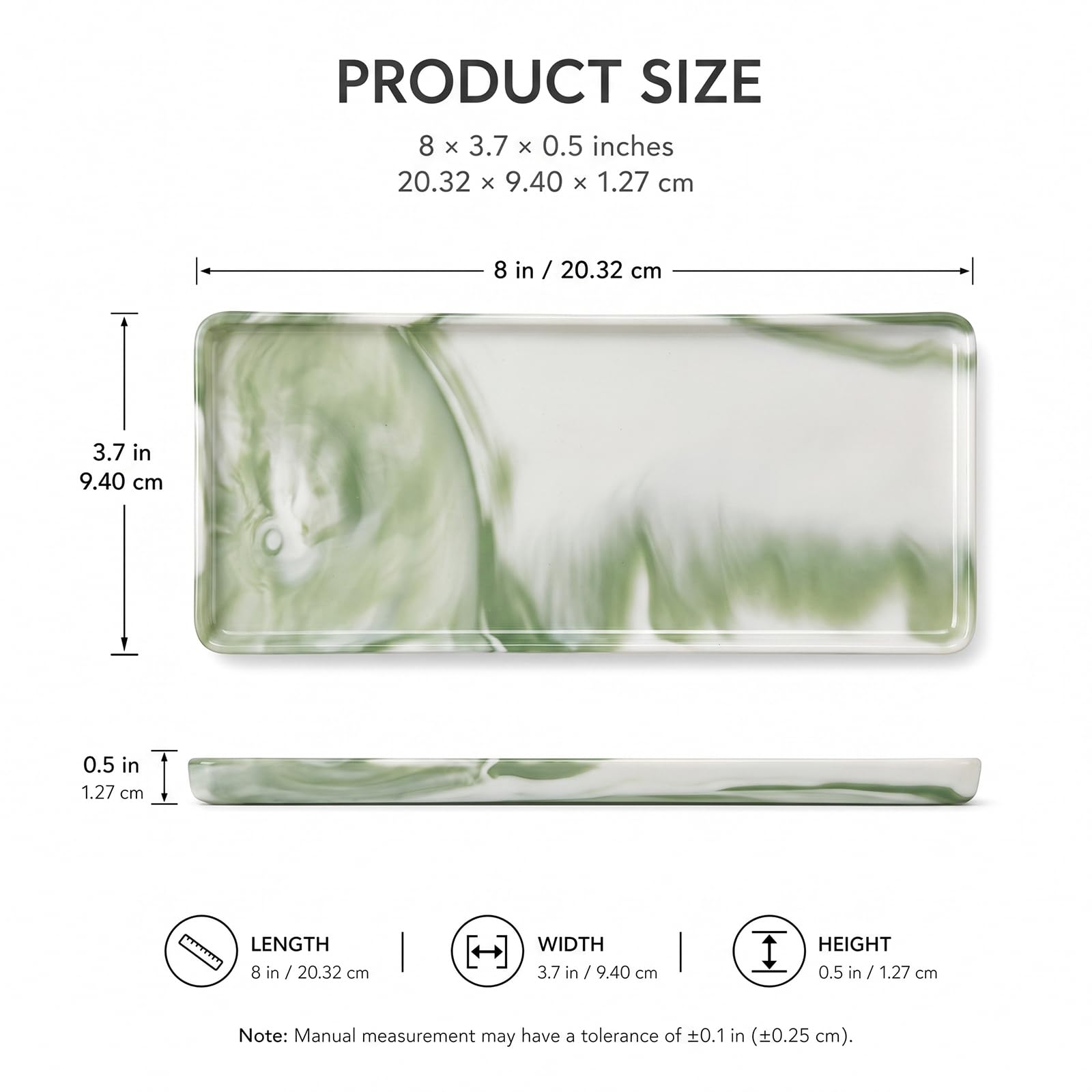 Green Marble Pattern Ceramic Vanity Tray,20.5x9.5x1.2cm Perfume & Jewelry Dish,Rectangular Countertop Organiser for Bathroom,Vanity