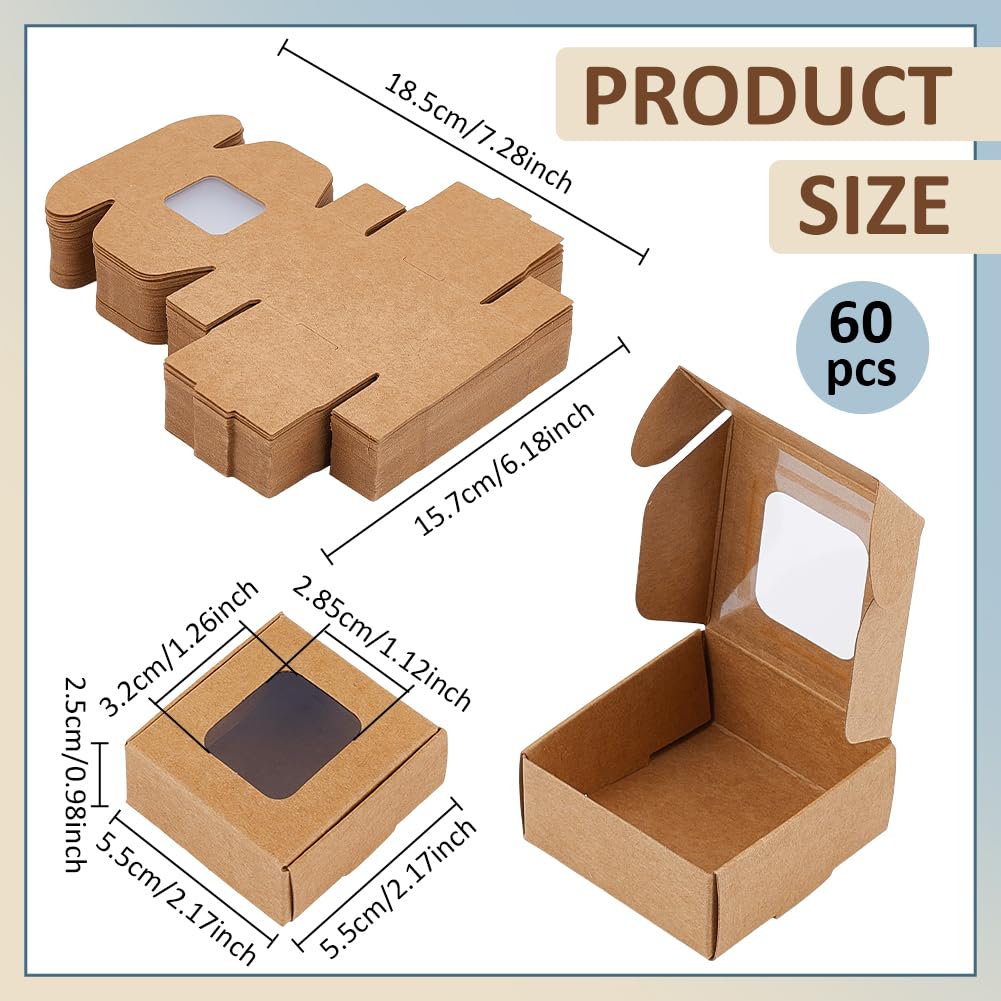 BENECREAT 60 Pack Square Clear Window Box, Brown Kraft Paper Container Party Favor Packaging Boxes