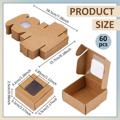 BENECREAT 60 Pack Square Clear Window Box, Brown Kraft Paper Container Party Favor Packaging Boxes