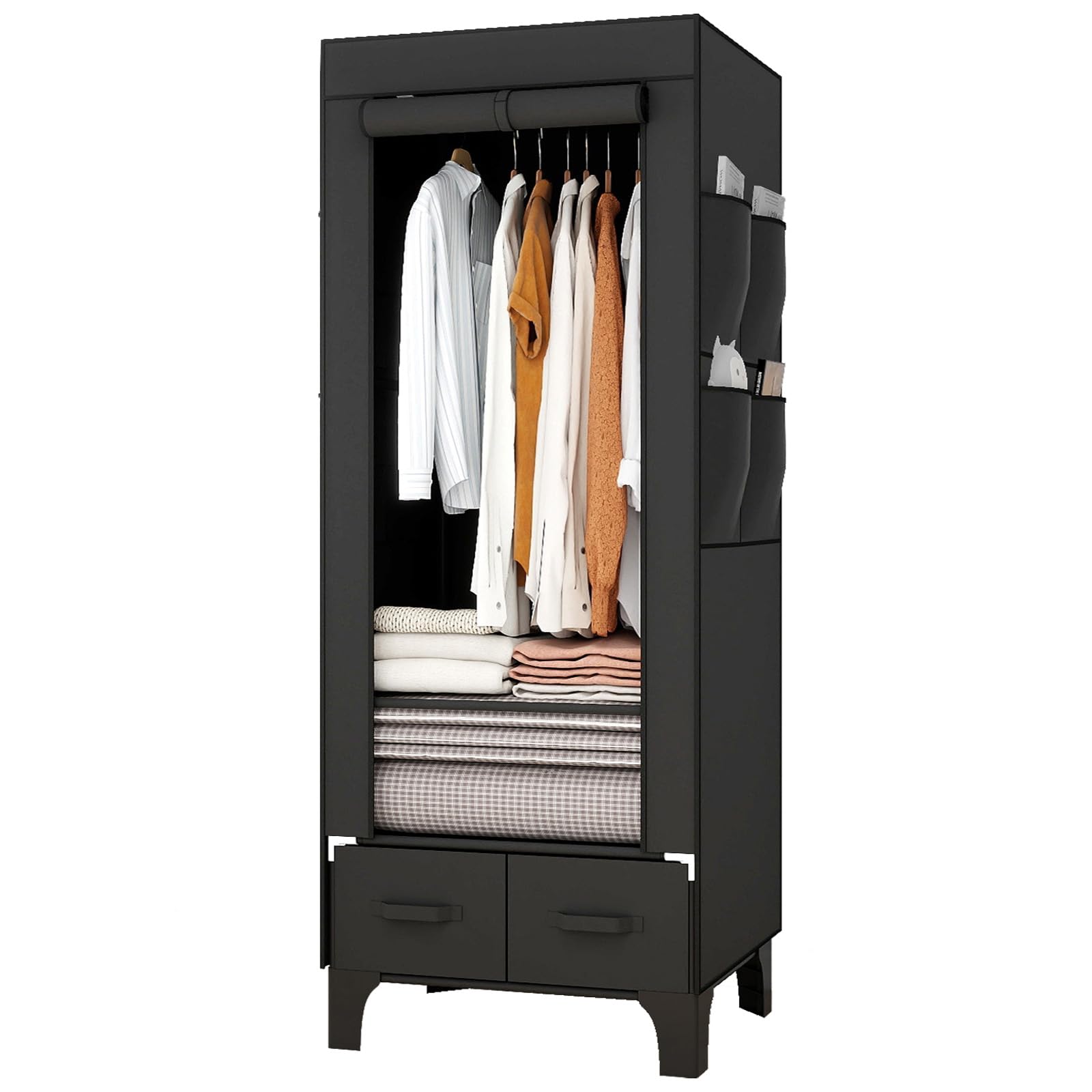 OPPAIYA Canvas Wardrobe, Temporary Wardrobe With Hanging Rails, 2 Shelves, 8 Side Bags & 2 drawer