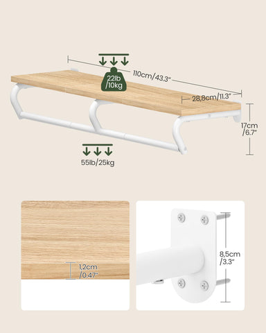 CHOEZON Wall Mounted Clothes Rack, Metal Garment Rack with Top Shelf, 110 cm Laundry Storage Shelf with Hanging Rod, for Laundry Room, Bedroom