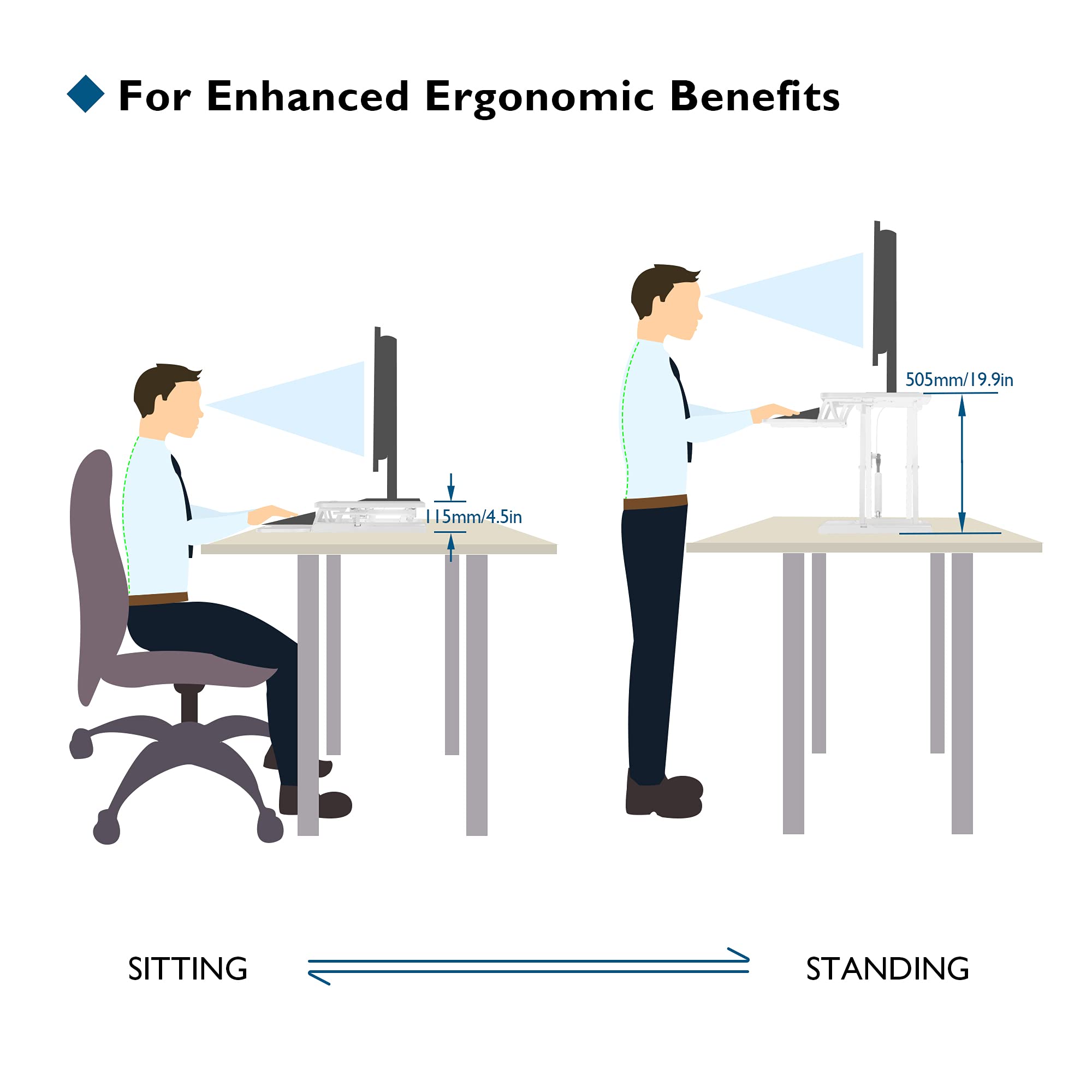 BONTEC 80cm Standing Desk Converter, Dual-Tier Height Riser, 15kg, White