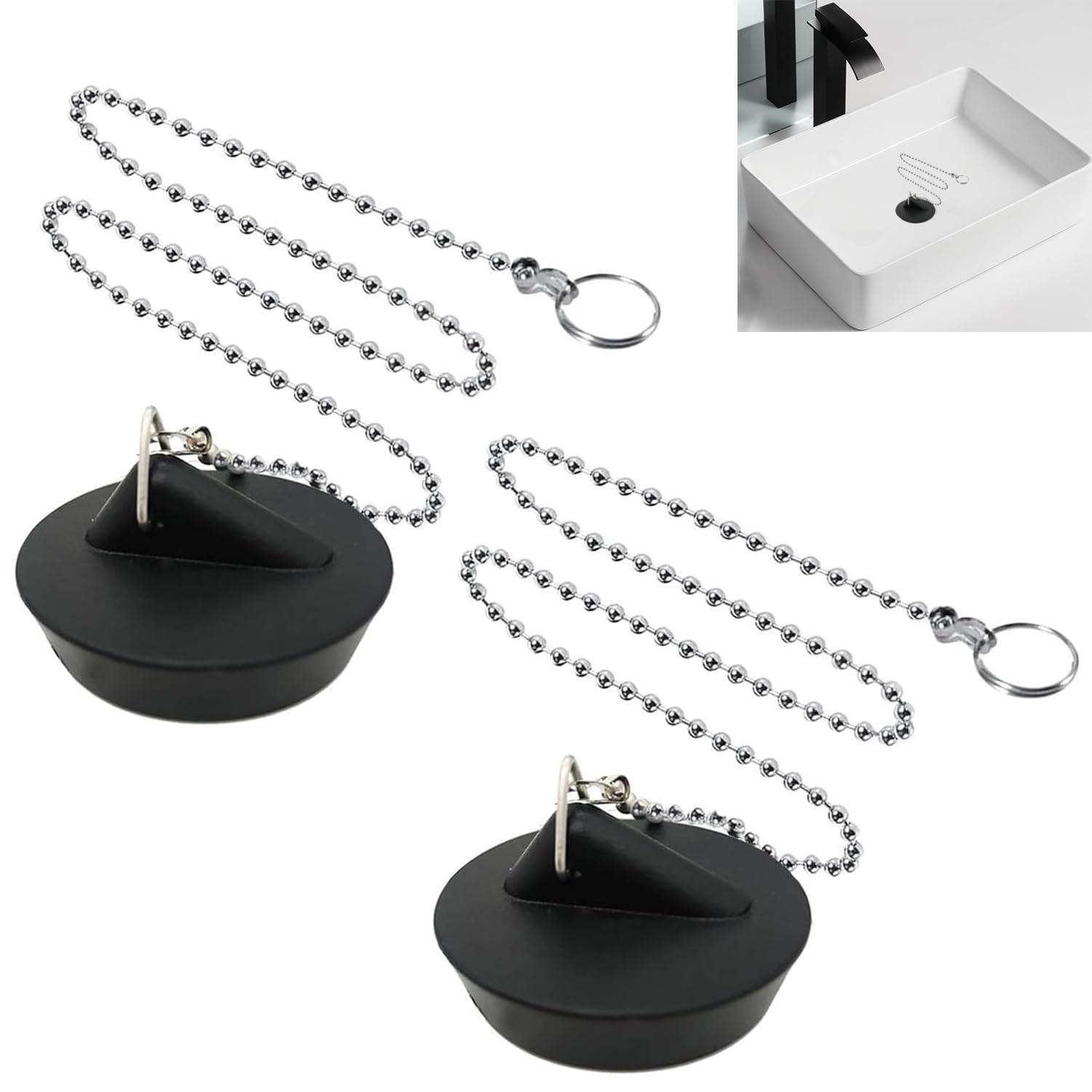 YUNYU 2 Pcs Universal Sink Plug with Chain, Bathroom Sink Plug Replacement, Drain Stopper for Bathroom Kitchen
