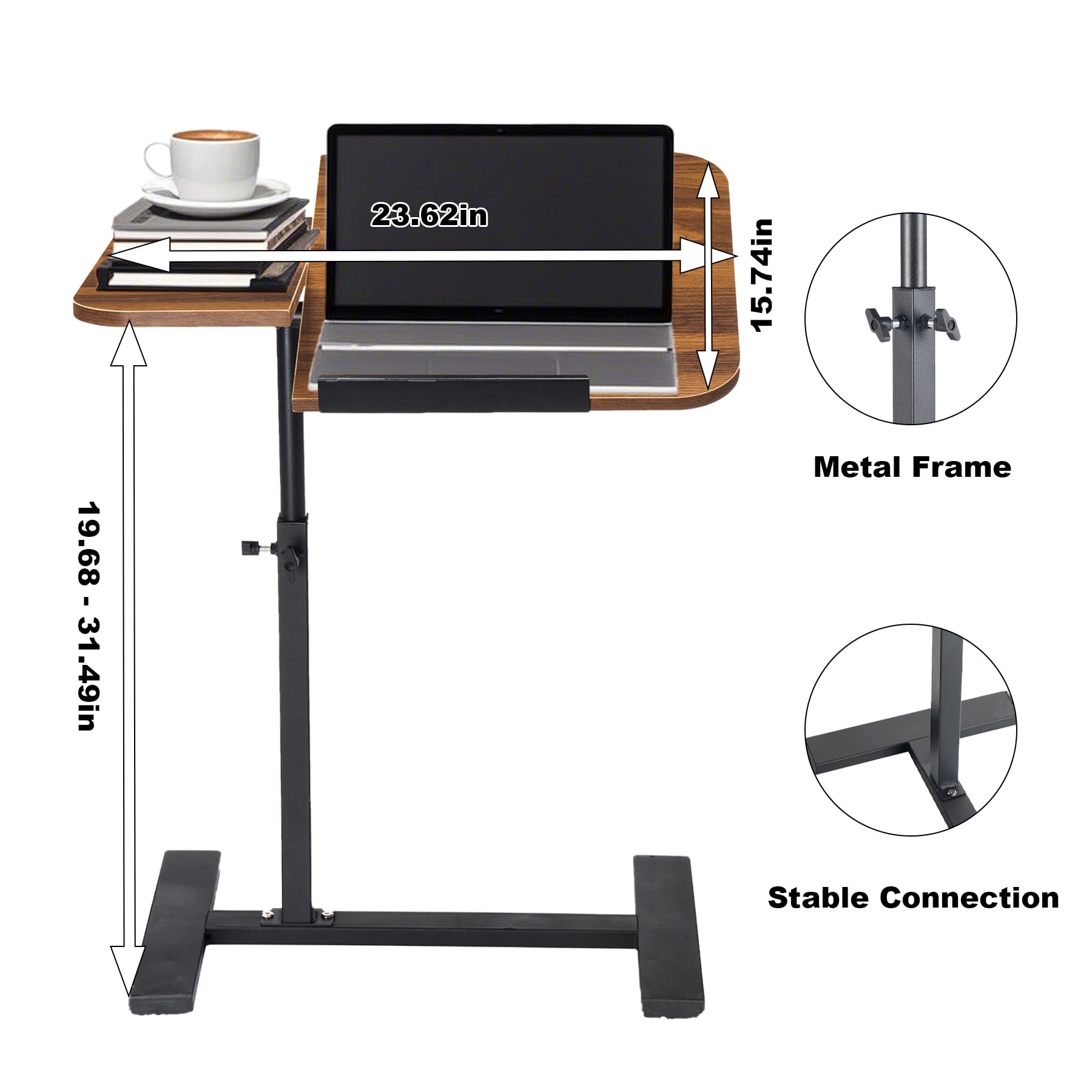 Kiss Me C Shaped Side Table Height Adjustable 360° Swivel TV Tray Walnut