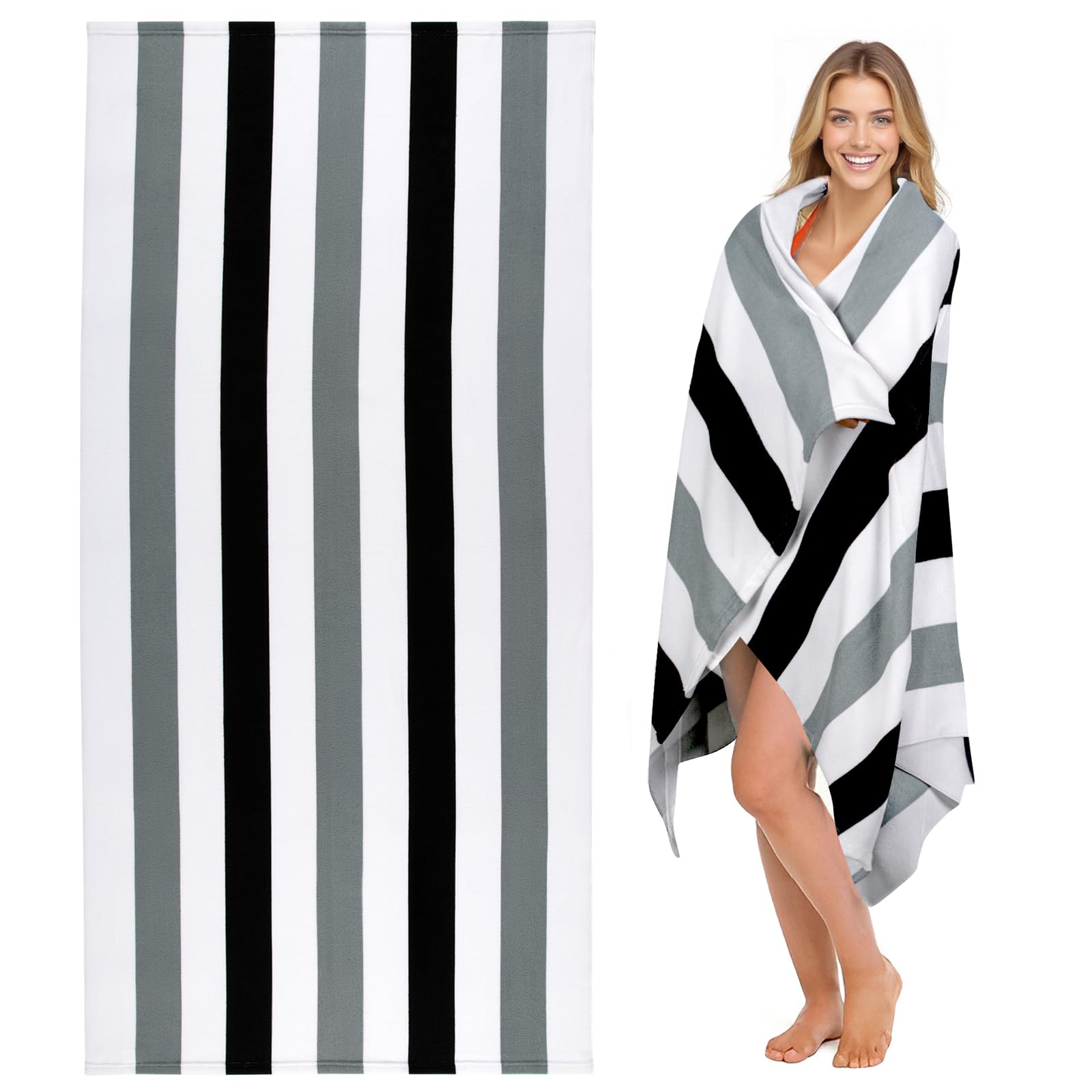 Ouxiaobai Large Oversized Beach Towel - Microfiber Sand Free 35 x 70 Inch Quick Dry Lightweight Pool Towel for Adults, Thin Striped Swim Towel (Black)