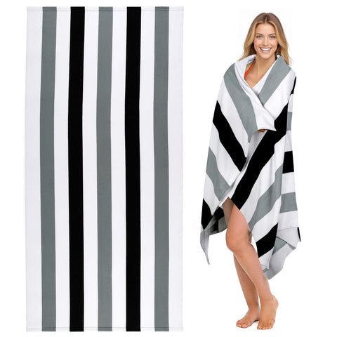 Ouxiaobai Large Oversized Beach Towel - Microfiber Sand Free 35 x 70 Inch Quick Dry Lightweight Pool Towel for Adults, Thin Striped Swim Towel (Black)