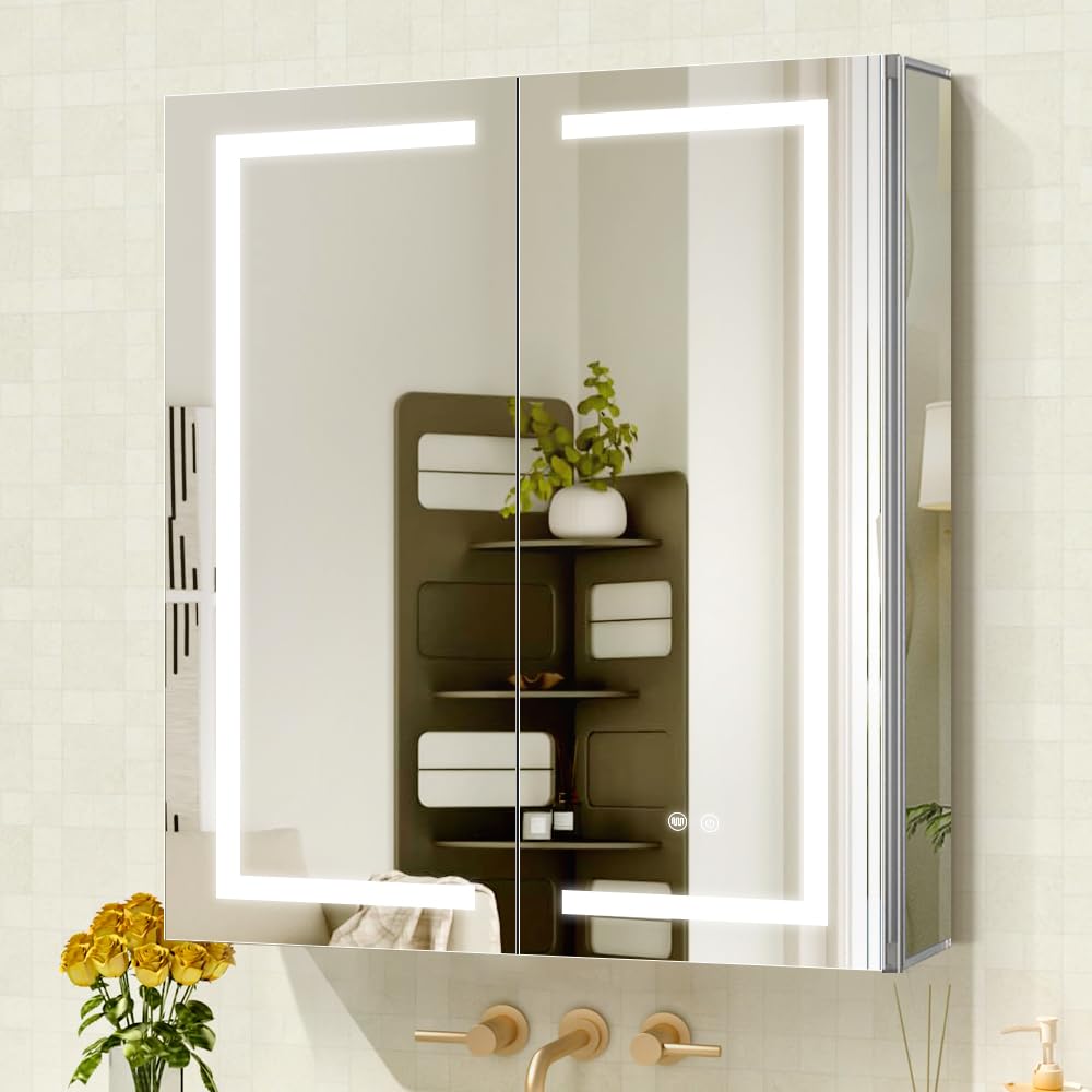 Janboe LED Mirror Cabinet,Bathroom Mirror Cabinet with Lights,76cm×81cm,Equip with Internal Light,Aluminum Construction,USB Shaver Socket,3