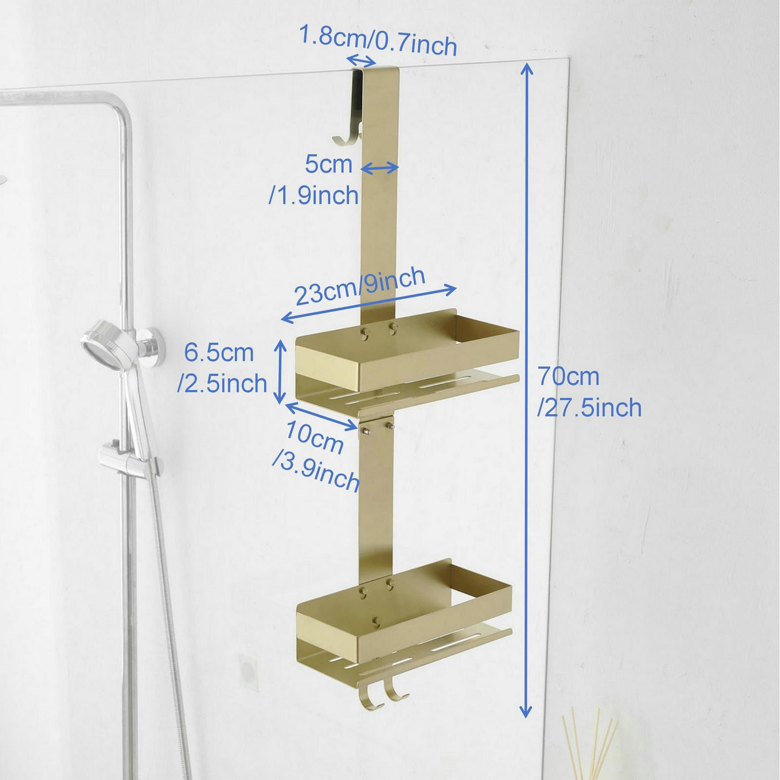 Hanging Over Door Shower Caddy - No Drilling Organiser Stainless Steel Shelves With Hooks - Gold Bathroom Rack Basket Tidy Storage
