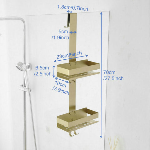 Hanging Over Door Shower Caddy - No Drilling Organiser Stainless Steel Shelves With Hooks - Gold Bathroom Rack Basket Tidy Storage