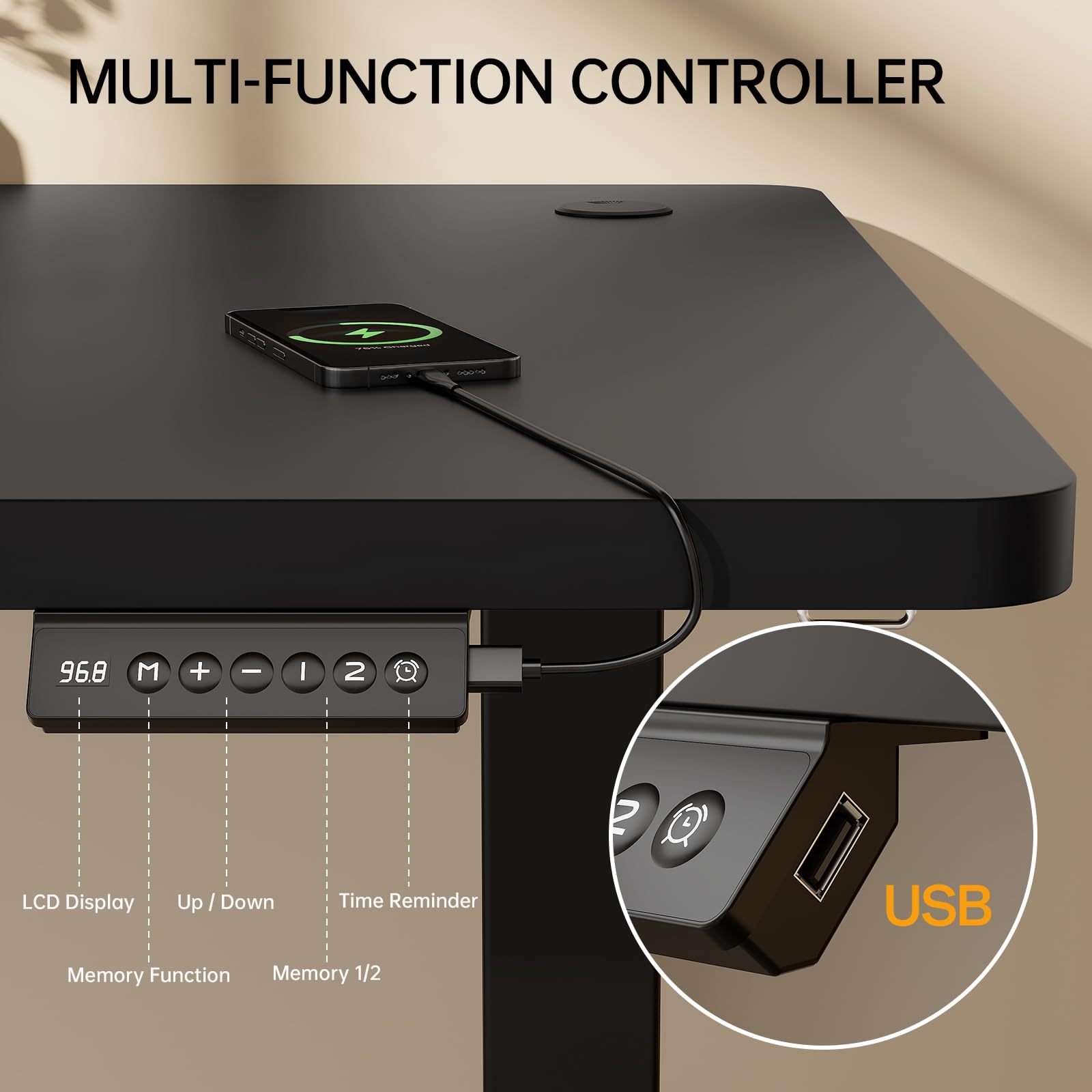 Homall Electric Height Adjustable Desk, Adjustable Height Office Desk with USB Ports, 140x60cm, Home Office with Splice Board, Black