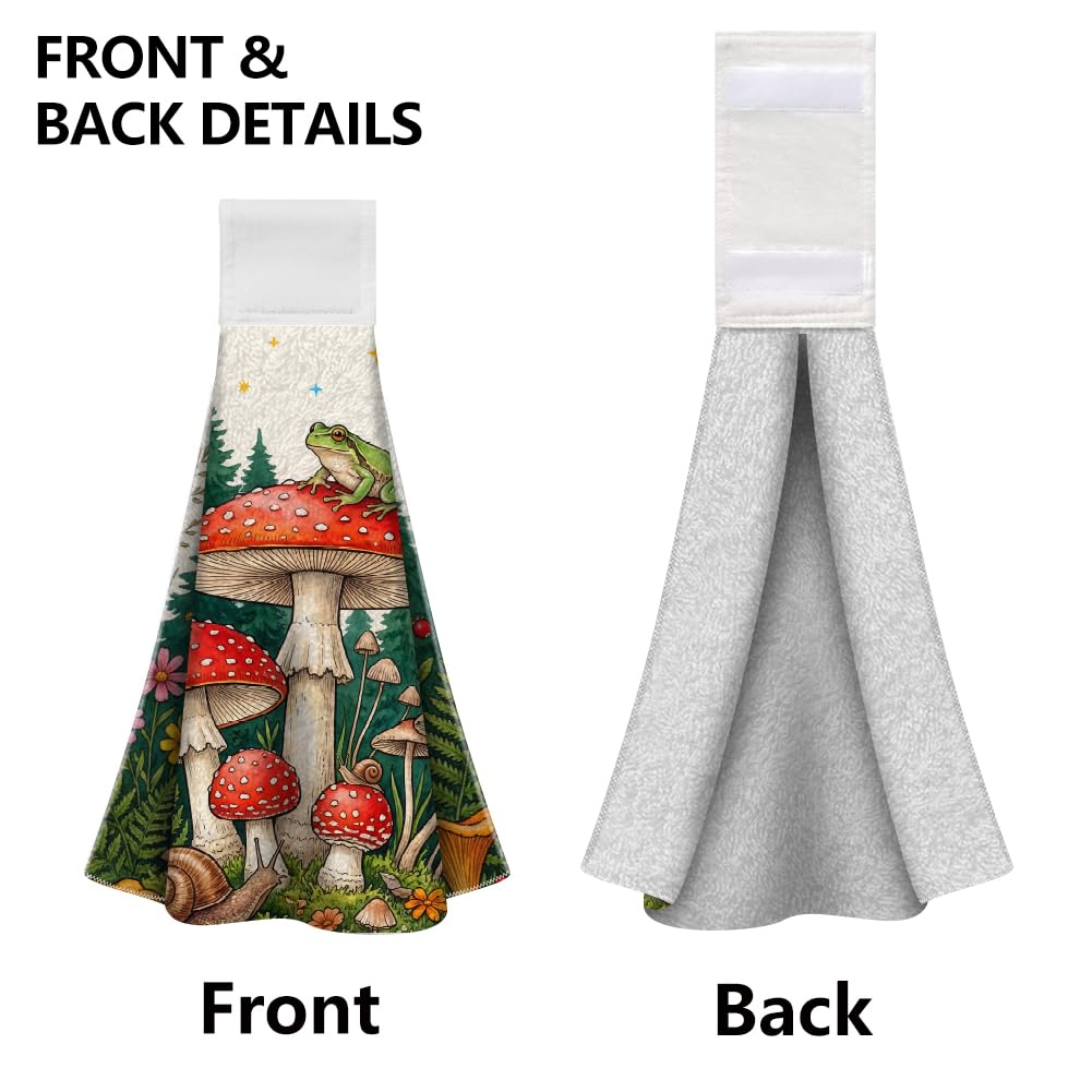 WADORN 2 Pack Forest Mushroom Kitchen Hanging Towels with Loop, Rustic Mushroom Hand Tie Towel Microfiber Soft Absorbent Dish Tea Washcloth for Home
