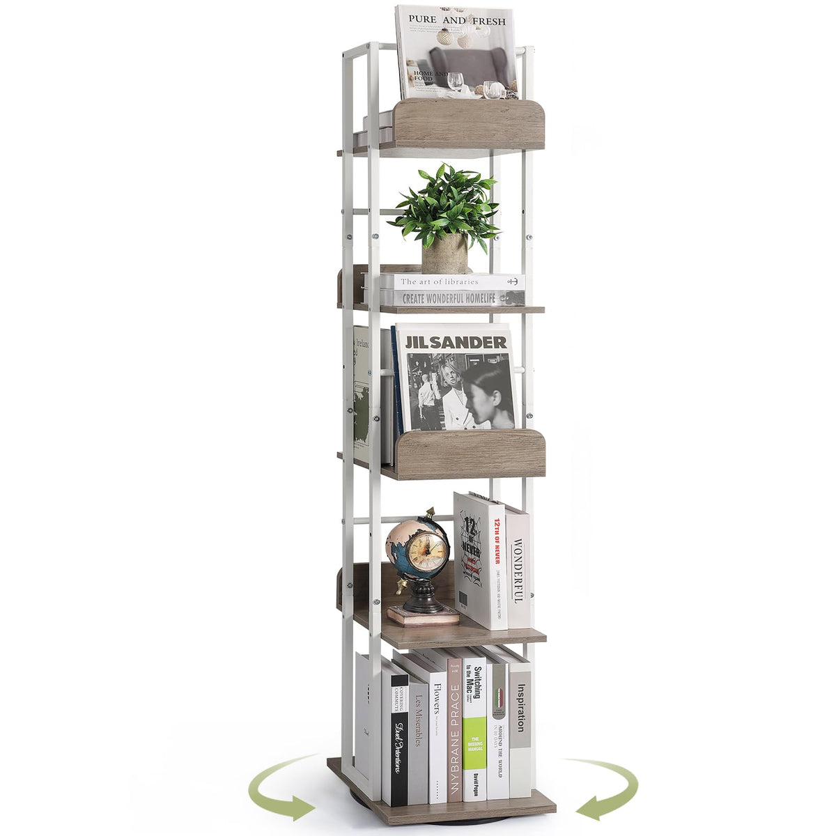 Bikoney 5-Tier Rotating Bookshelf, Tall Industrial Corner Book Tower