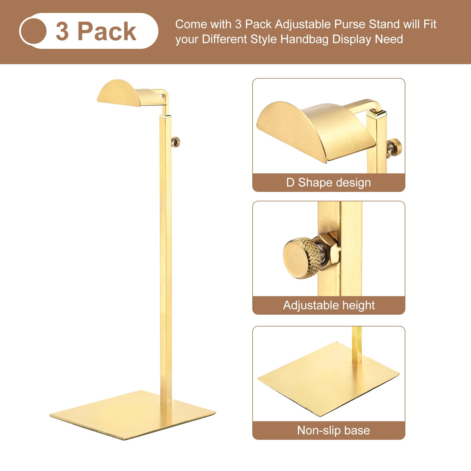 sourcing map Purse Display Stand Set 3 Pack Metal Adjustable Handbag Rack Single Hook Holder for Boutique Store - Gold