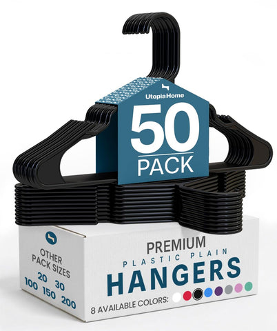Utopia Home Clothes Hangers with grooves (50 Pack) 16.14"/41cm wide, Heavy duty Plastic hangers for Coat (Black)