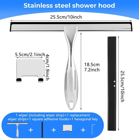 wlich Shower Squeegee, 10 Inch Stainless Steel Window Squeegee with 1 Hook