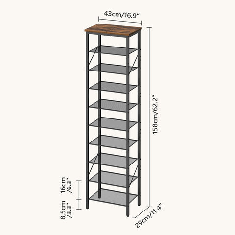 MAHANCRIS 10-Tier Narrow Shoe Rack, Vertical Shoe Storage Organizer, for 12-24 Pairs, Shoe Shelf with Metal Frame, for Hallway, Entryway, Living Room