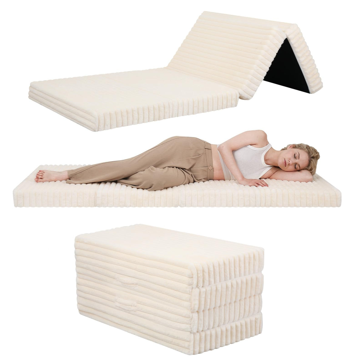 MeMoreCool Folding Floor Mattress 190x90cm, 4-Fold Foam Guest Bed, Beige