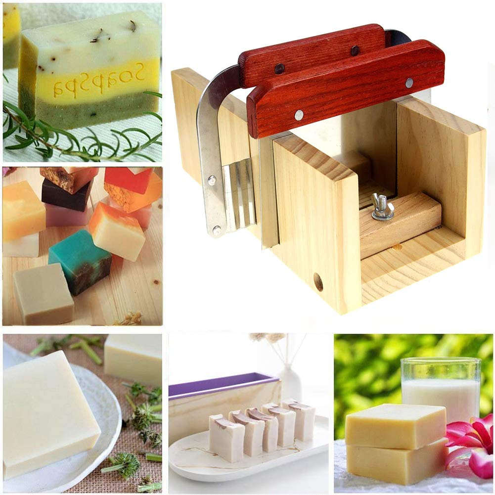 Hard Pine Adjustable Wood Soap Cutter Slicer Box Set - Art Craft Soap Making Loaf Mold Wire Cutter with Handmade Silicone Soap Loaf Mould and 3 Pcs