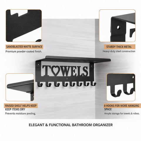 Raoletin Metal Hot Tub Towel Rack Wall Mounted Towel Holder with Shelf and 8 Towels Hooks for Bathrooms