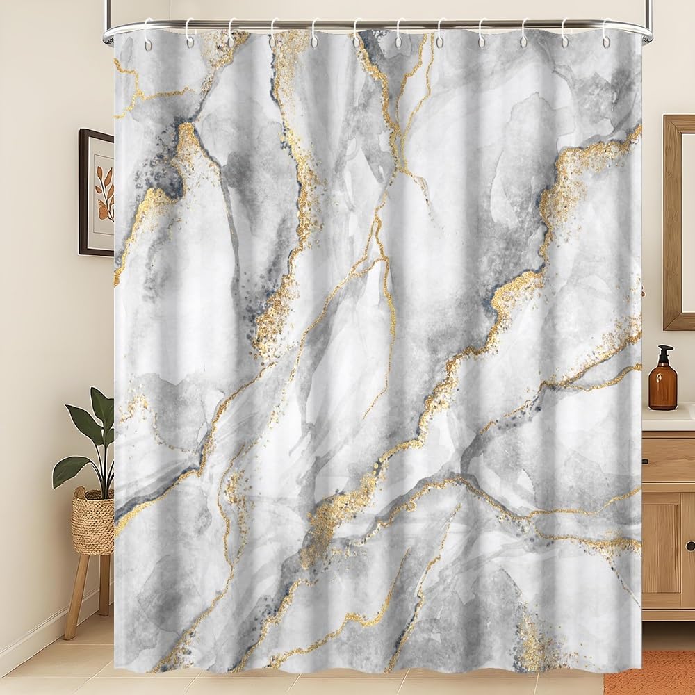 Xiaoterna Marble Shower Curtain 3D Grey Gold Bathroom Curtain Luxury Modern Abstract Grey Marble Golden Dots Water Repellant Machine Washable Shower