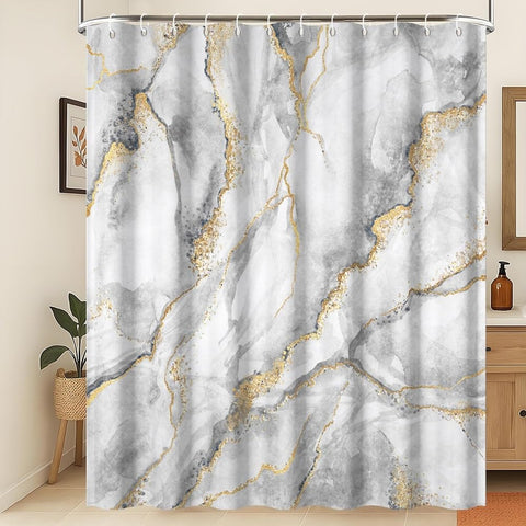 Xiaoterna Marble Shower Curtain 3D Grey Gold Bathroom Curtain Luxury Modern Abstract Grey Marble Golden Dots Water Repellant Machine Washable Shower