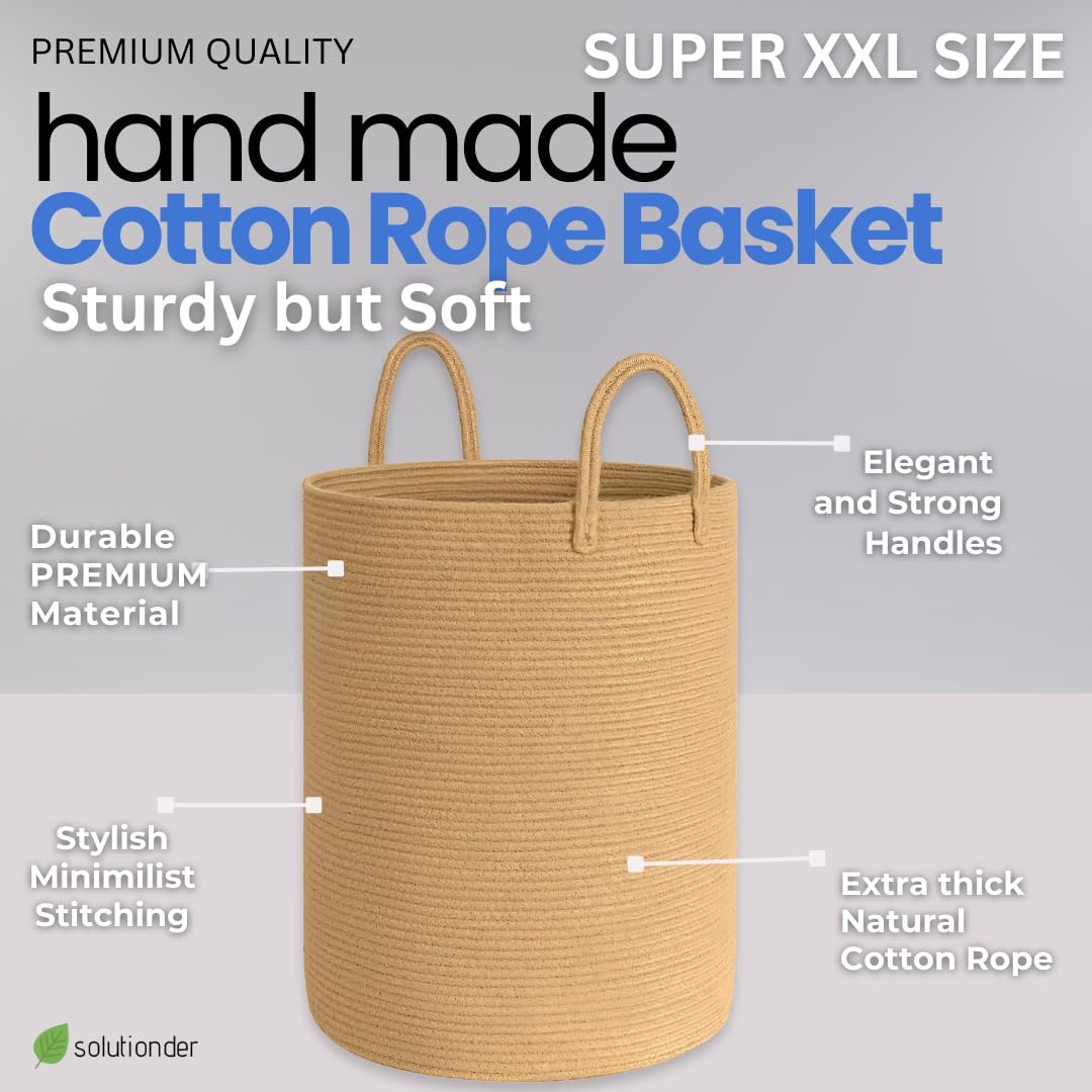 Solutionder Extra Large Cotton Rope Storage Basket (Honey) – Woven Laundry, Blanket & Toy Organiser, Washing Basket for Laundry, Nursery & Home