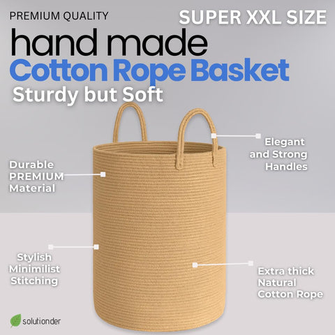 Solutionder Extra Large Cotton Rope Storage Basket (Honey) – Woven Laundry, Blanket & Toy Organiser, Washing Basket for Laundry, Nursery & Home
