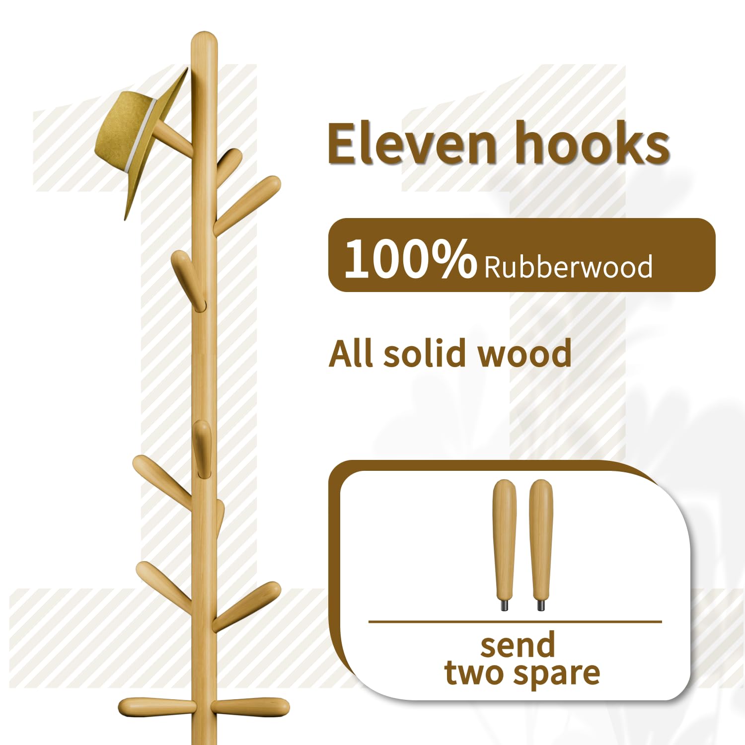 Solid Wood Coat Rack, Freestanding Tree-Shaped Coat Rack with 11 Hooks, Main Pole 1.6" dia for Clothes, Hat Stand Used in Bedroom/Office/Entryway