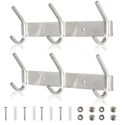 Qiannhee 2 Pack Coat Hooks Wall Mounted 3 Hooks Rustproof Wall Coat Rack 30CM up to 30KG Heavy Duty Coat Rack for Door SUS304 Stainless Steel Clothes