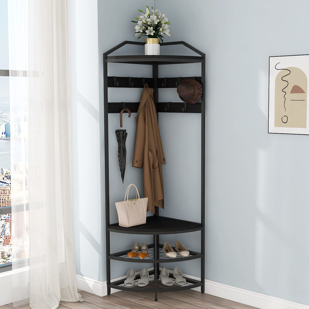 VEDECASA Coat Rack Stand with Shoe Storage Bench Free Standing Corner Hall Tree 4-Tier Corner Clothes Rack with 10 Metal Movable Hooks and Wooden