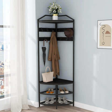VEDECASA Coat Rack Stand with Shoe Storage Bench Free Standing Corner Hall Tree 4-Tier Corner Clothes Rack with 10 Metal Movable Hooks and Wooden