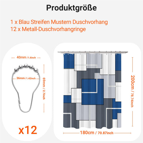 Shower Curtain with Metal Shower Curtain Rings, 180 x 200 cm, Squares, Navy Blue, Weighted Hem, Anti-Mould Textile, Water-Repellent