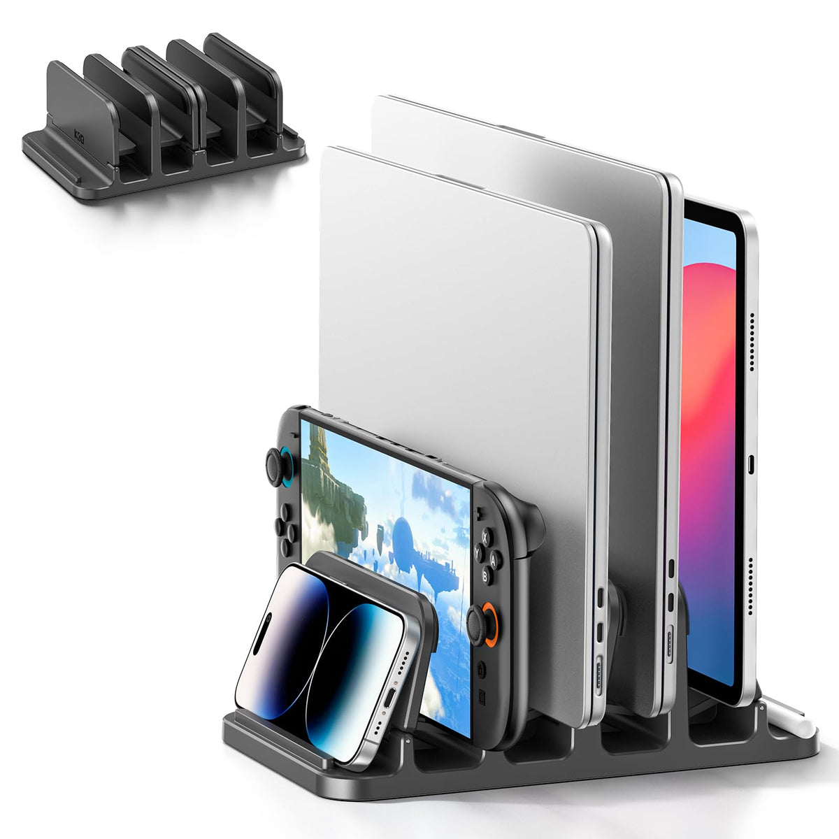 KDD Vertical Laptop Stand with 4 Slot,6-in-1 Laptop Holder Desktop Stand with Gravity Locking,Space-Saving Organizer for MacBook/Microsoft