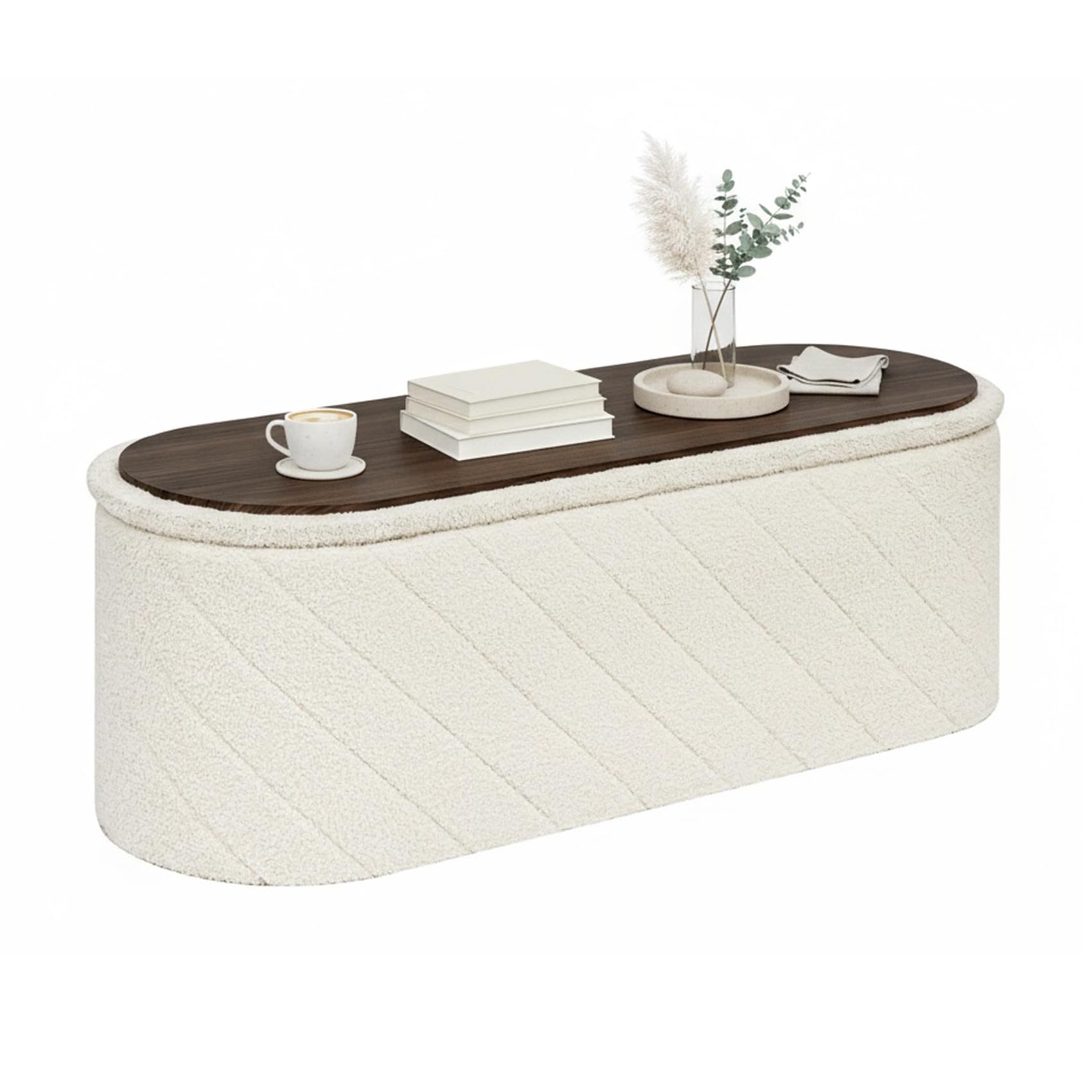 Bonlife Oval Ottoman with Storage Bench, Folding Foot Rest with Lid, Boucle End of Bed Bench,Foostool for Living
