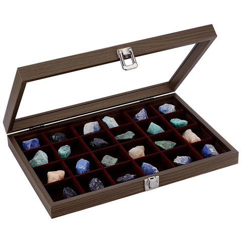 NBEADS 24 Grids Rock Collection Box, Wooden Display Cases for Raw Rock Crystal Collection Box with Shelves for Stones Collectibles Gemstone Crystals