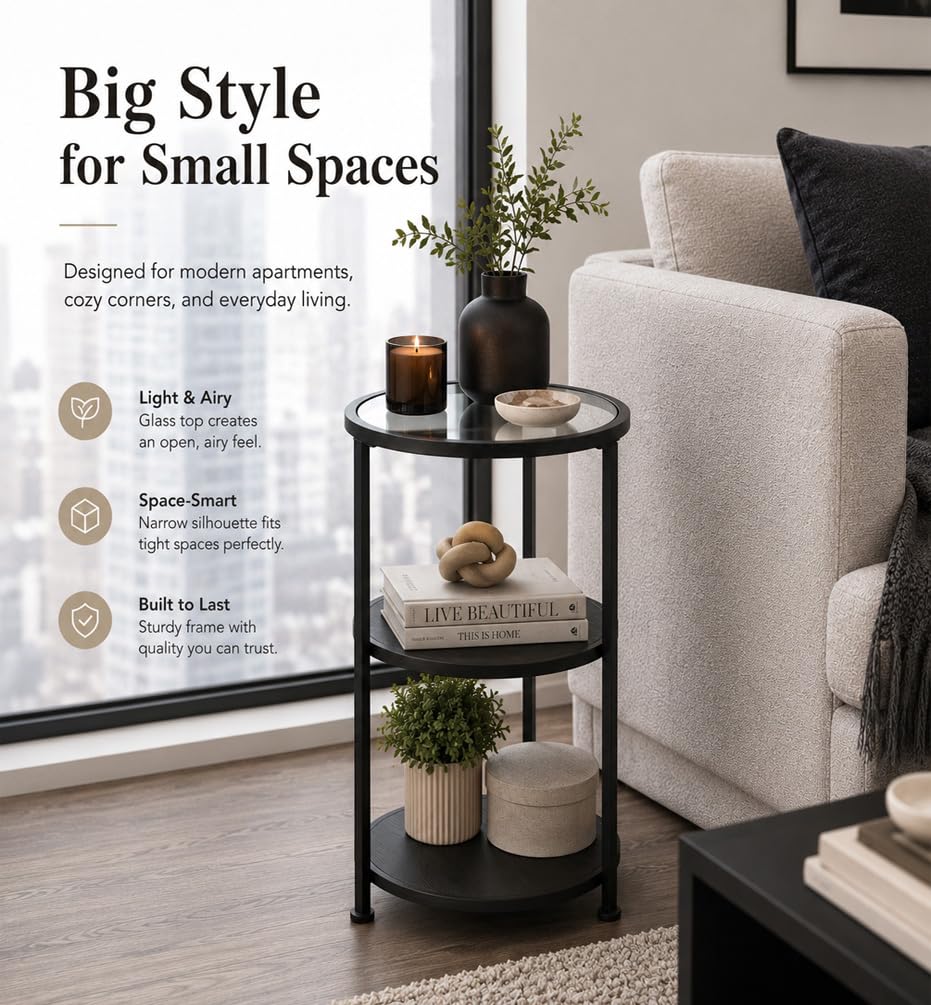 Glass Side Table, 3-Tier Round Side Table with Tempered Glass Top, Black