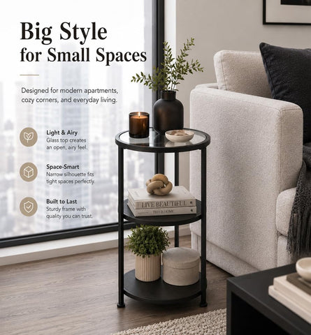Glass Side Table, 3-Tier Round Side Table with Tempered Glass Top, Black