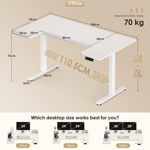 OffiGo Height Adjustable Desk, U Shaped Standing Desk with 3 Memory Presets