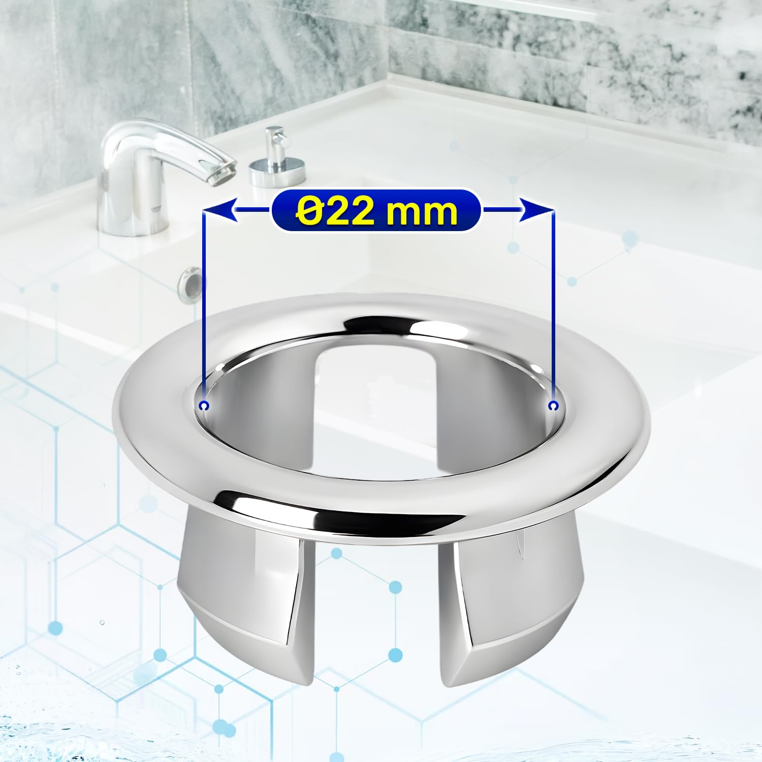 2x Bathroom Sink Overflow Ring Ø22mm - Sink Overflow Cover Chromed Plastic