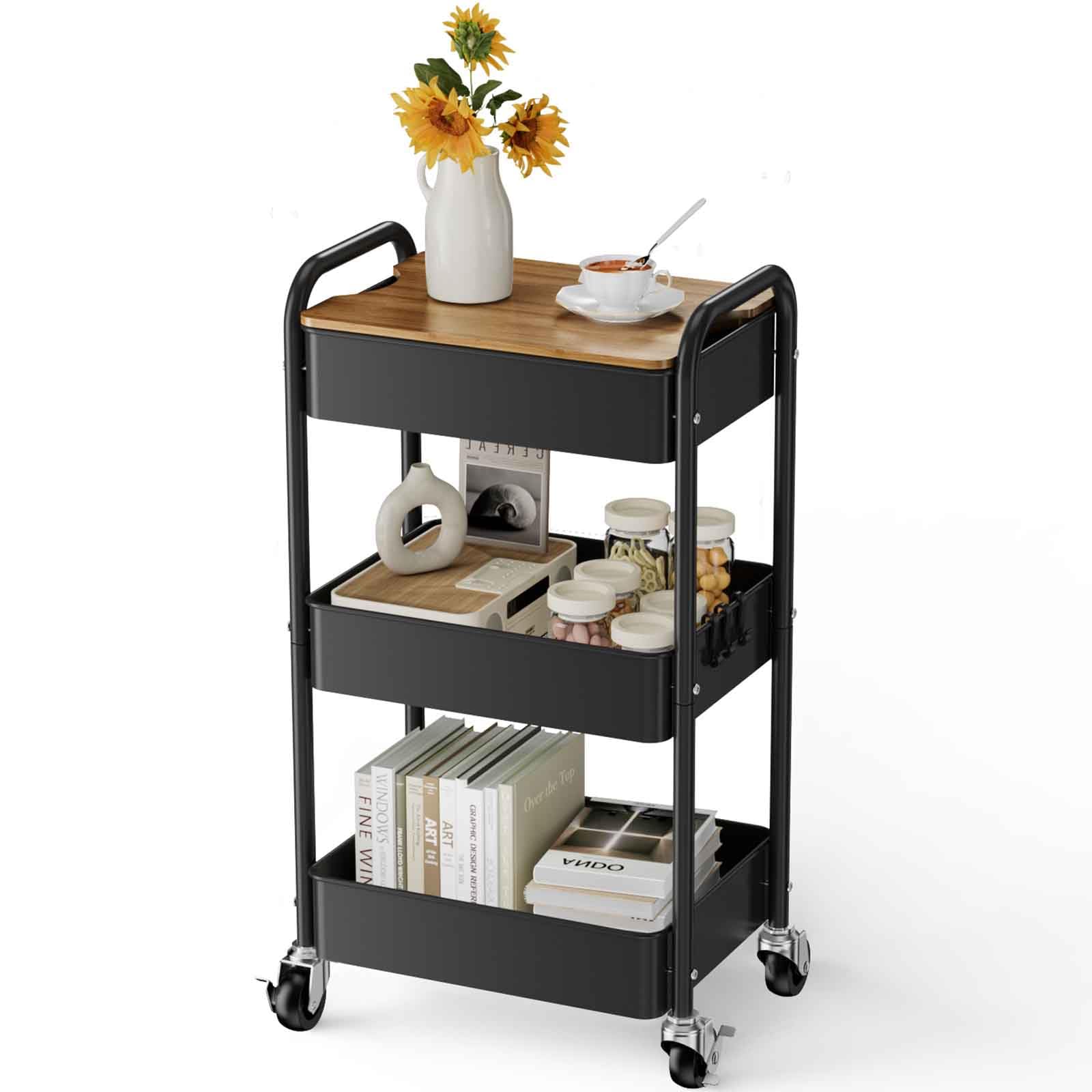 Shrivee 3-Tier Rolling Cart with Table Top, Serving Trolley, Metal Rolling Utility Trolley, Shelf on Wheels, Shelf, Organiser, Kitchen Shelf
