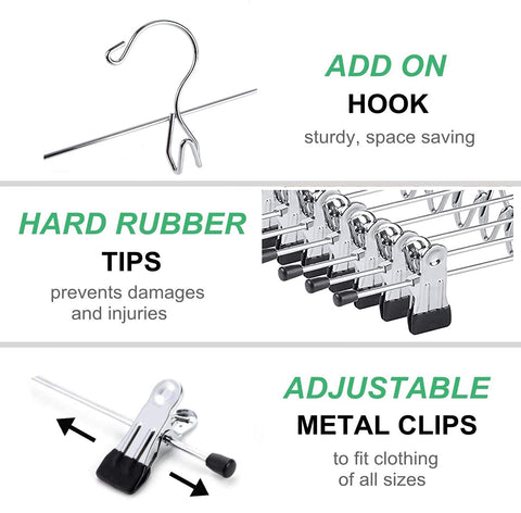 Amber Home 12 Pack Heavy Duty Add on Metal Pants Skirt Hangers, Stackable Add-on Metal Clothes Hangers with 2-Adjustable Clips